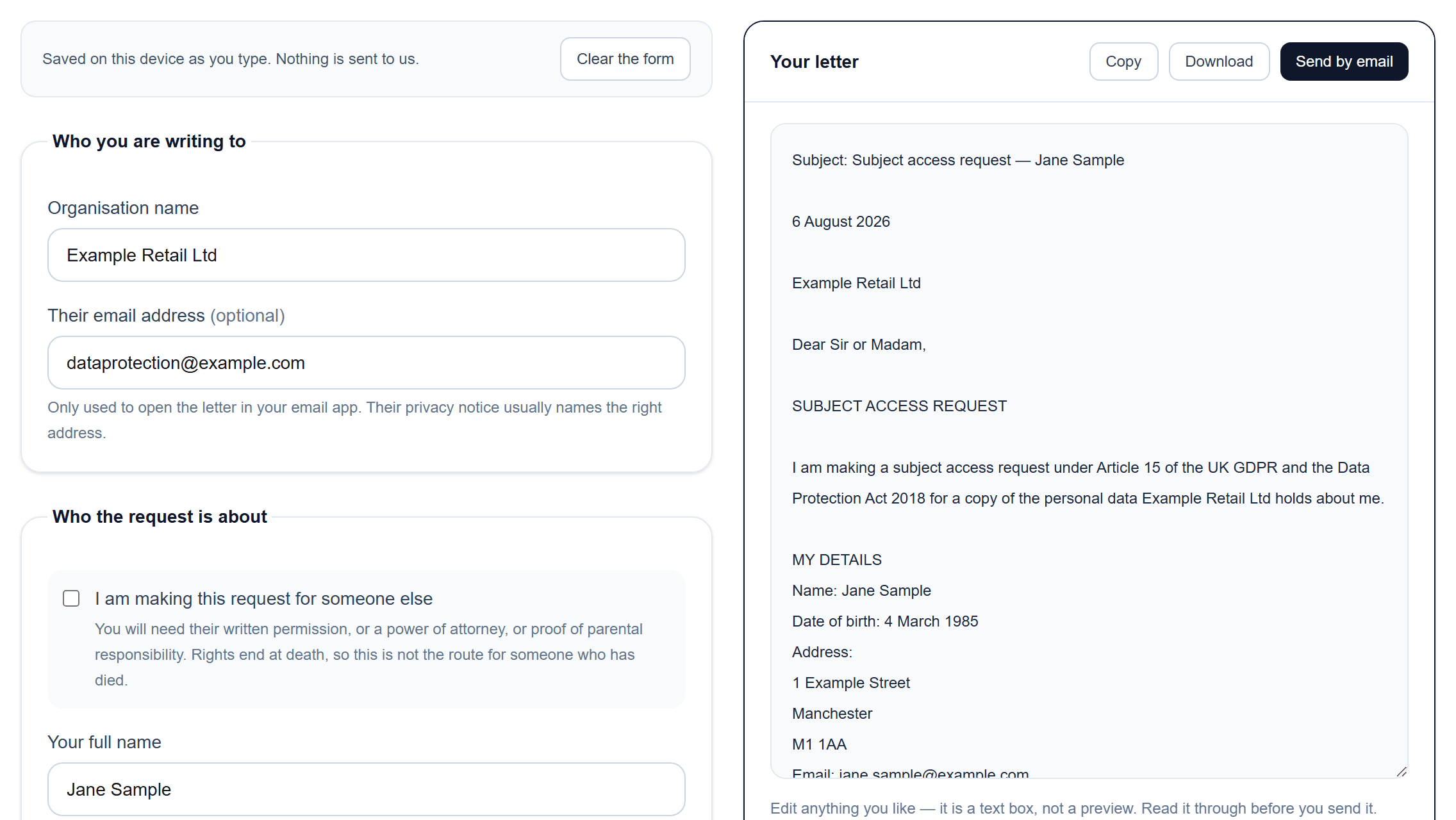 Free subject access request letter generator