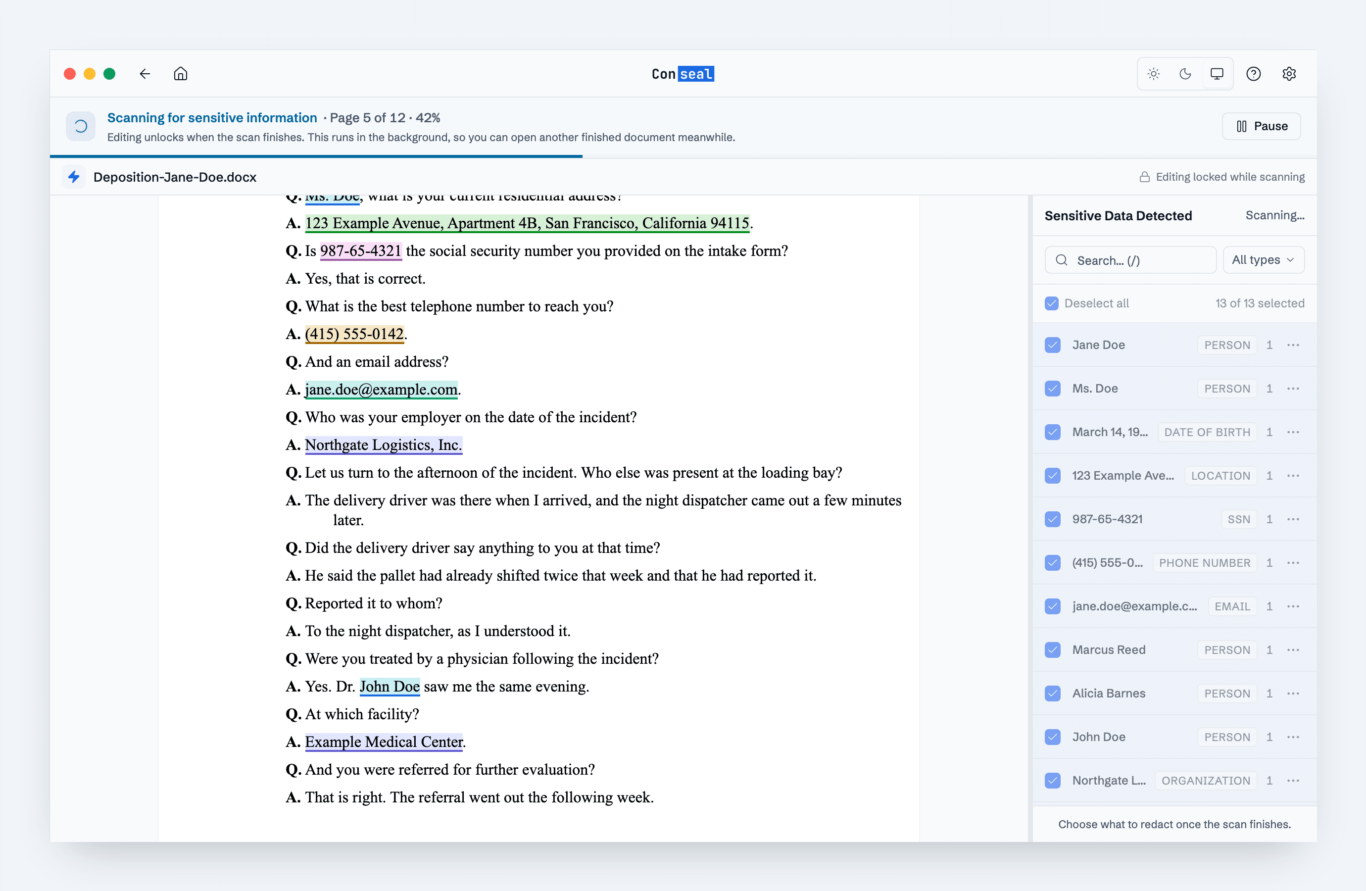 On-device AI flags sensitive information; you review and approve each change before anything is applied.