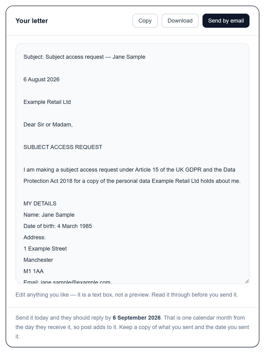 A complete, editable letter with the statutory deadline calculated