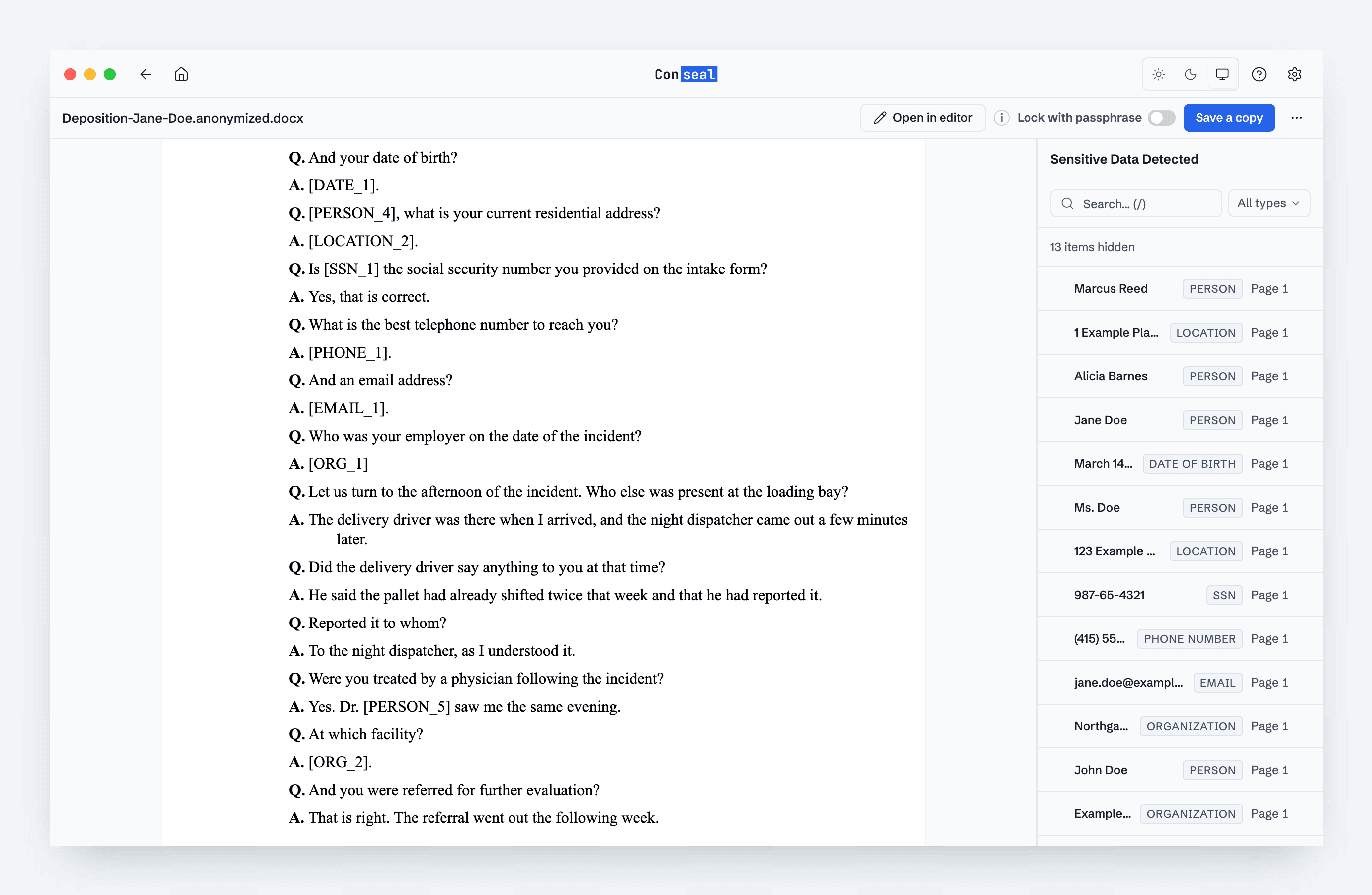 Choose Redact to permanently remove text, or Anonymize to replace it with labels you can restore later.