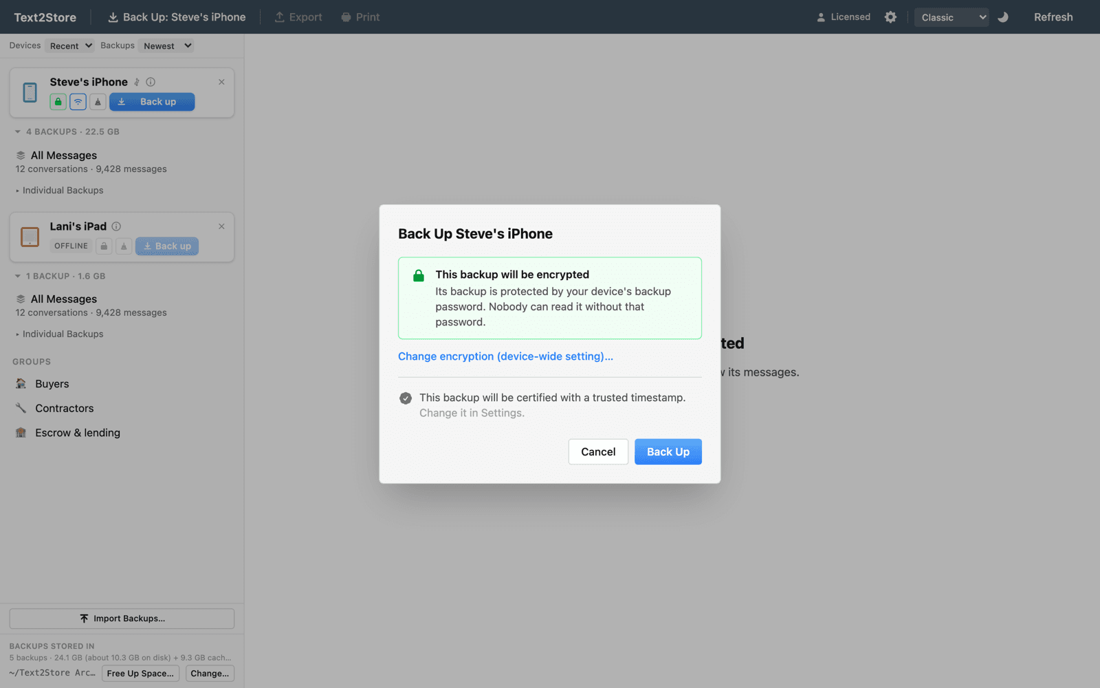 Backups can be certified with an RFC 3161 timestamp from DigiCert. Certification happens when the backup is made and cannot be added later, so anyone can verify a backup has not changed since.