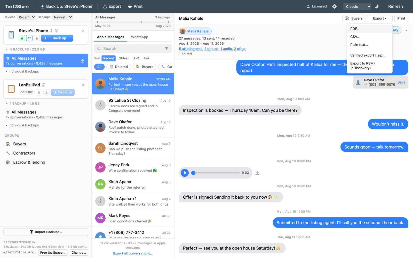 Every conversation exports to RSMF, PDF, CSV or plain text, and a whole backup exports as a verified .zip with a SHA-256 manifest. PDFs carry the date and time on every message.