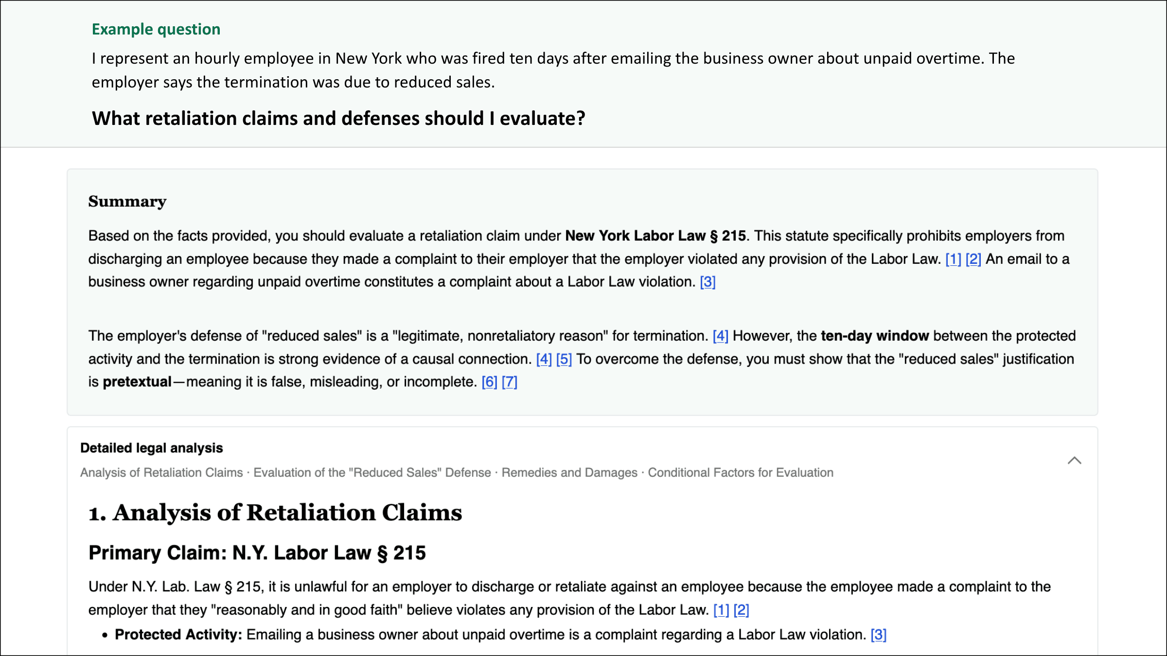 Answers to legal questions are structured and include citations.