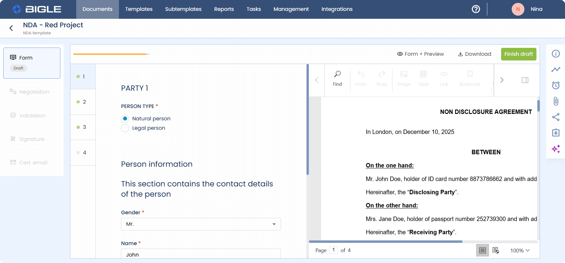 Bigle Legal form and preview