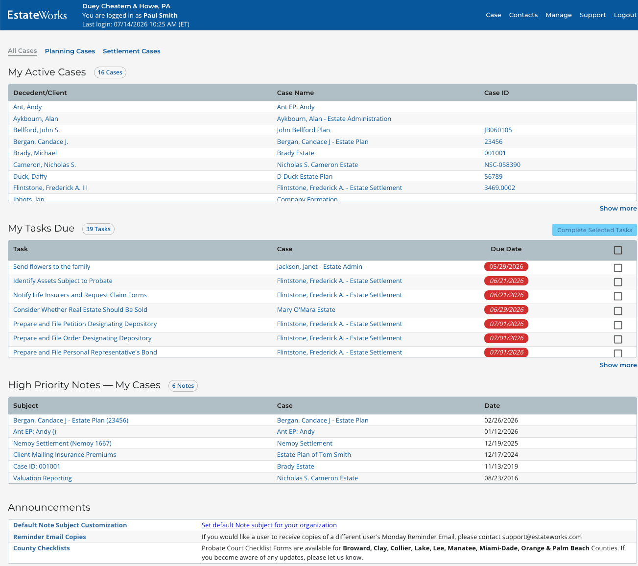 User Home Page: See active matters, upcoming work and priorities in one place.