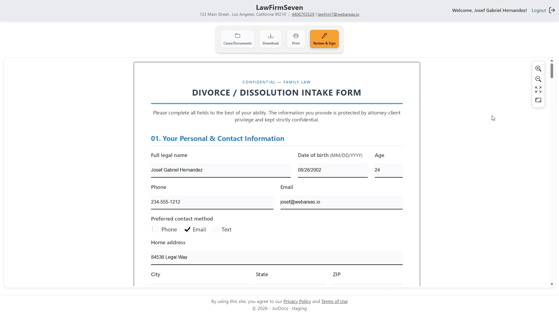 JurDocs.com Client Portal - Intake Form from SuperDocs.com