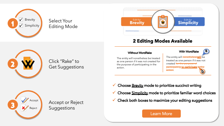 Brevity is our classic editing mode, which suggests edits to make writing concise and compelling. Simplicity editing mode improves readability by simplifying complex language to help meet plain language guidelines.