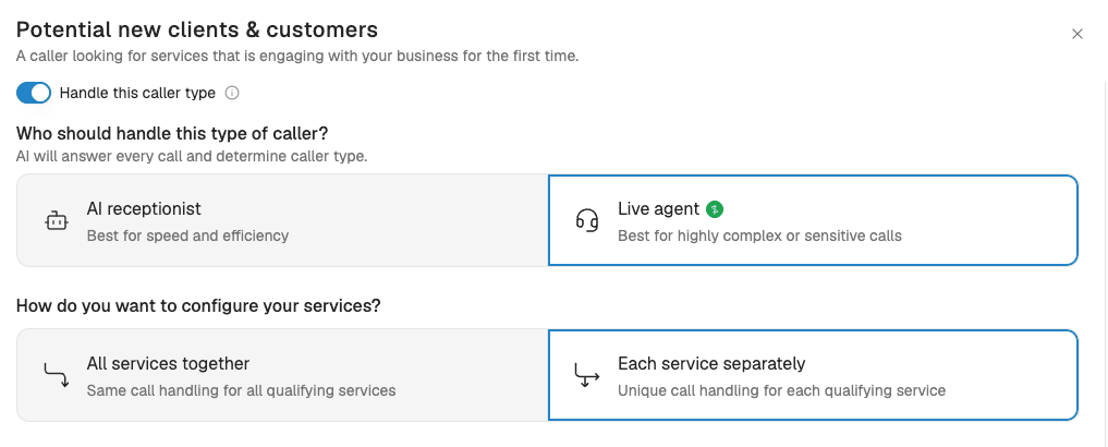 You control the AI + human mix: live agents available exactly when you need them