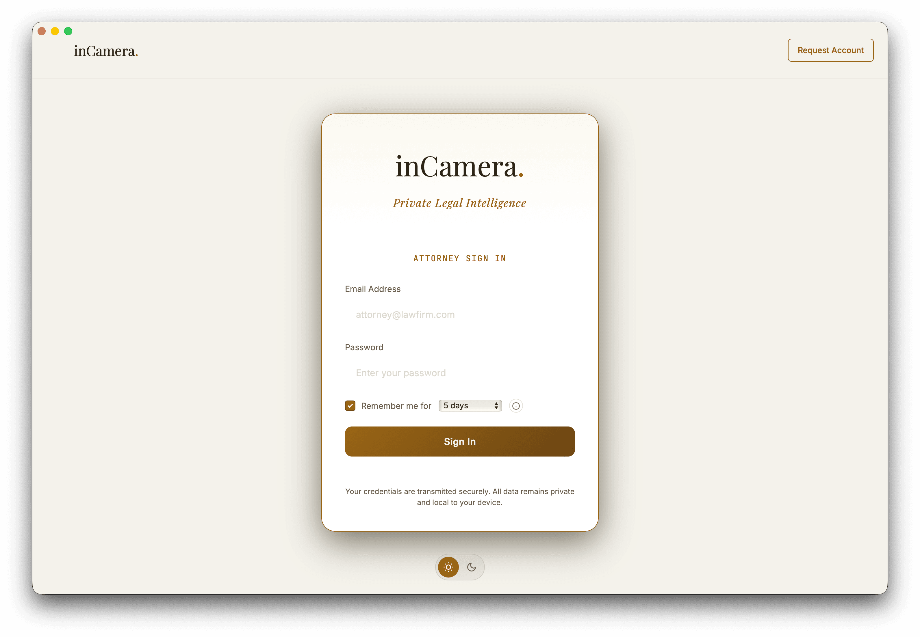inCamera Login Screen