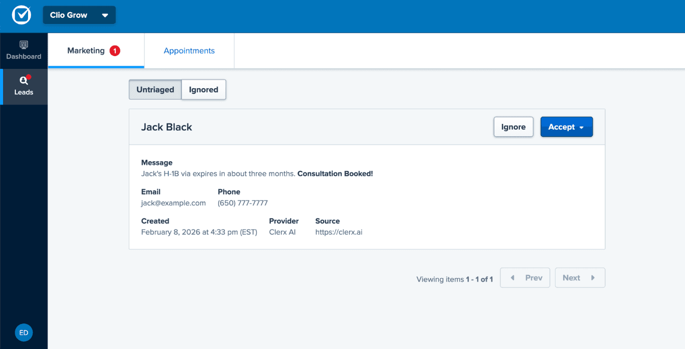 Clerx AI - Example of lead capture (Clio Grow)