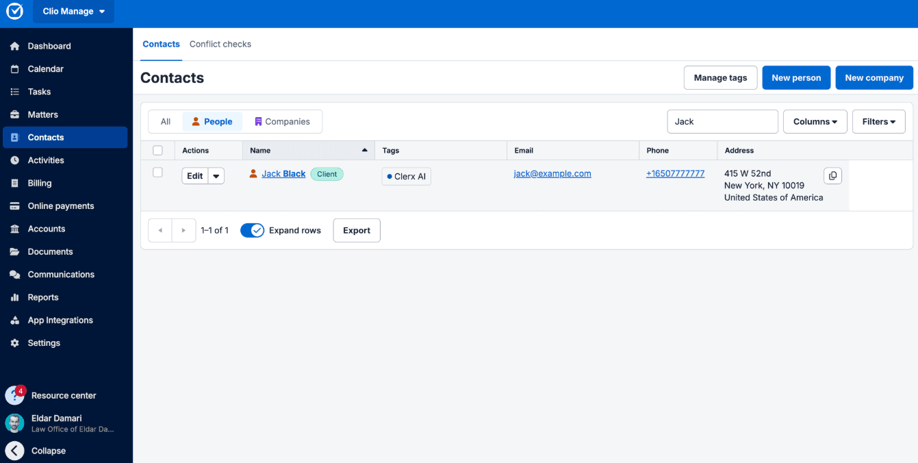 Clerx AI - Example of lead capture (Clio Manage)
