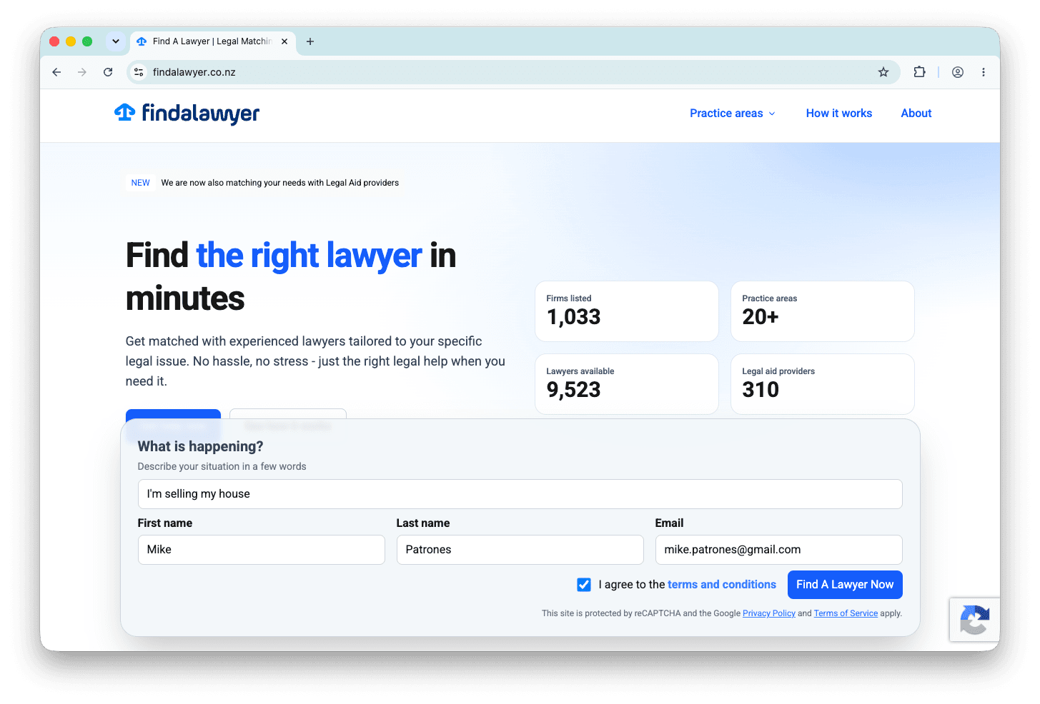 The client enters a brief overview of their matter and their contact details