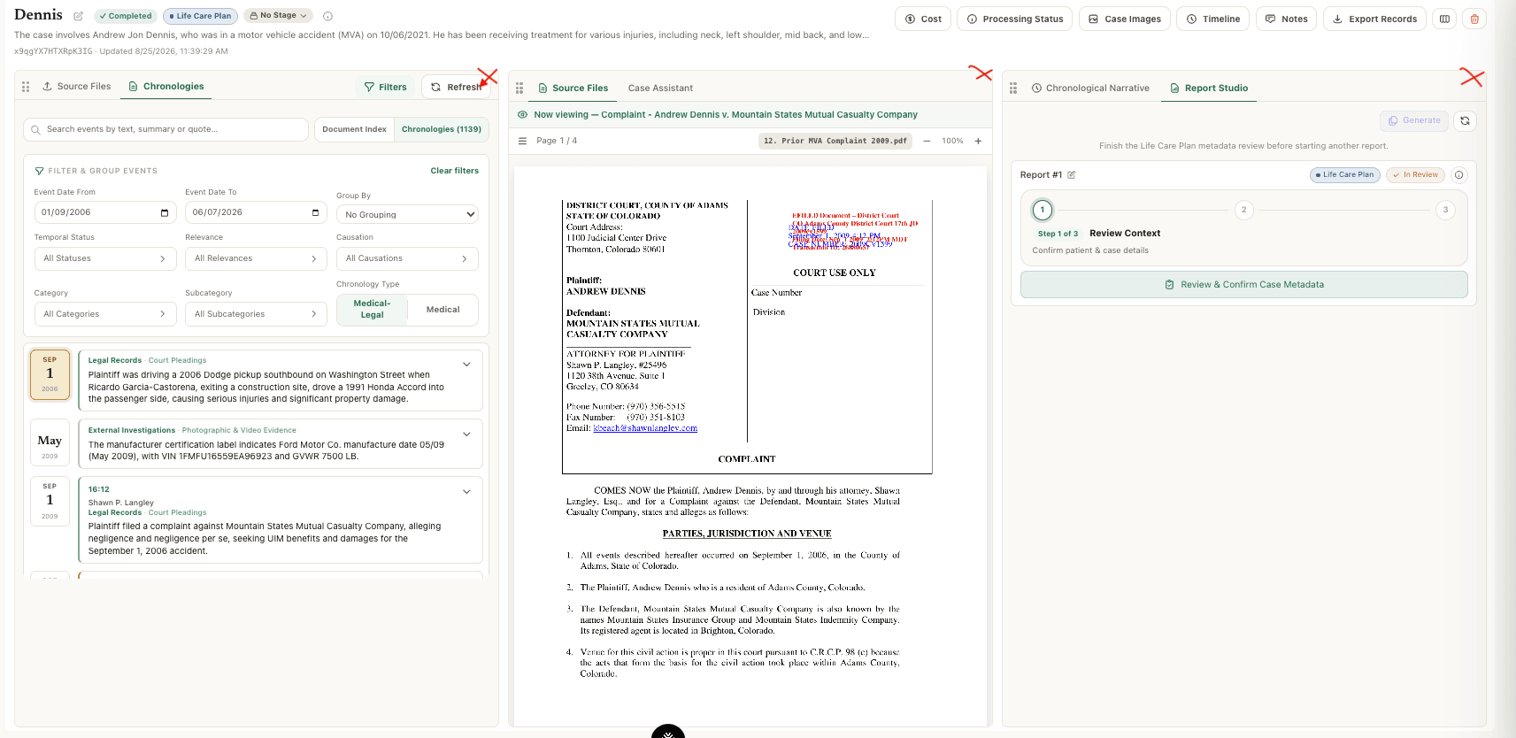 Free paints, chronologies, and documents, review, Q&A, and custom report generation.