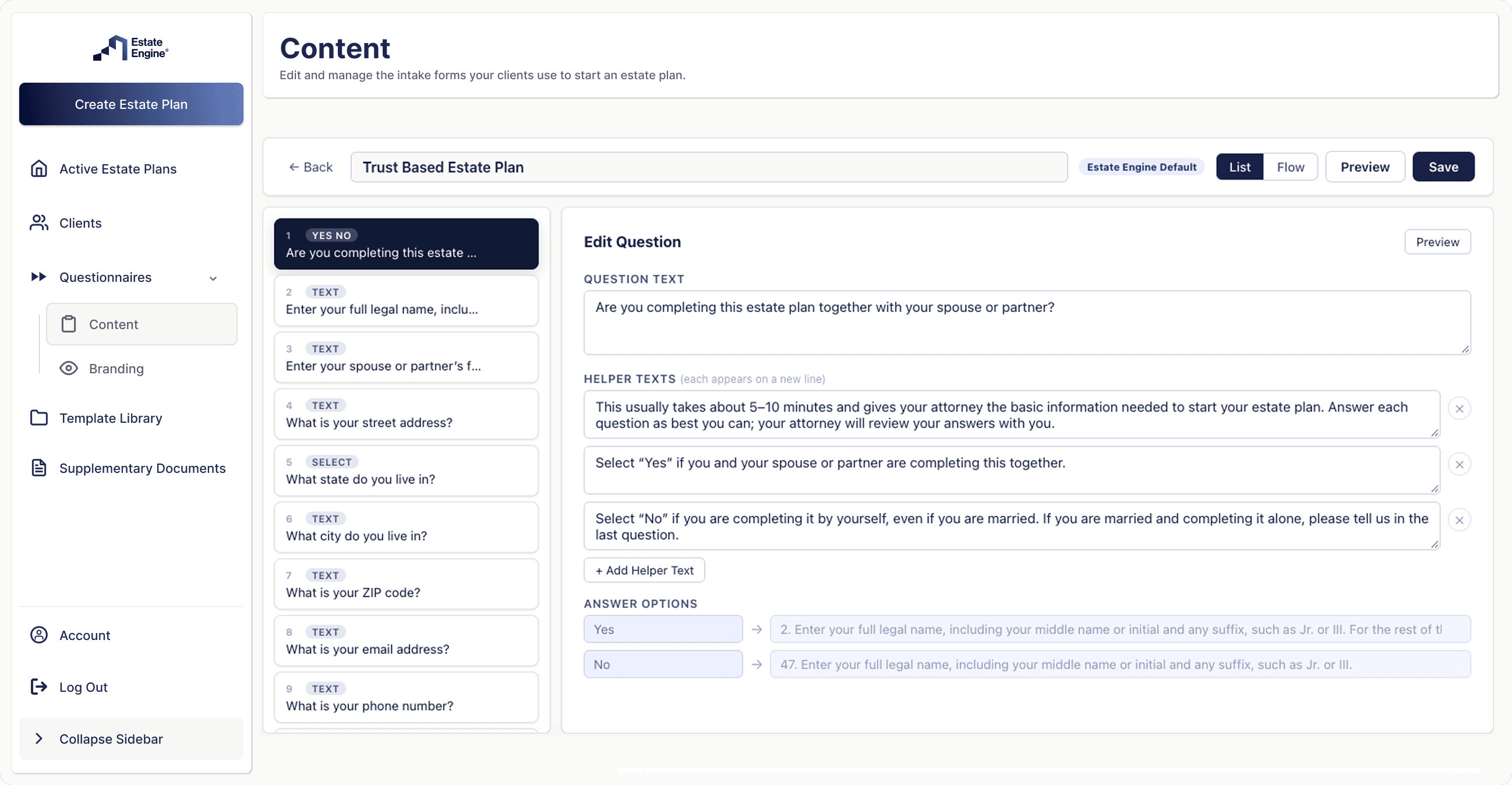 Intake Questionnaire (edit view)