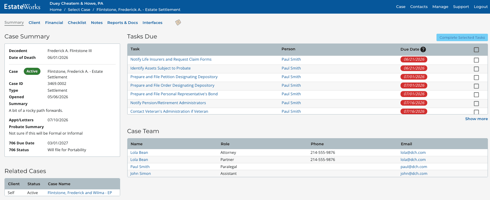 Matter Summary: Review key matter information, tasks due and the case team in one view.