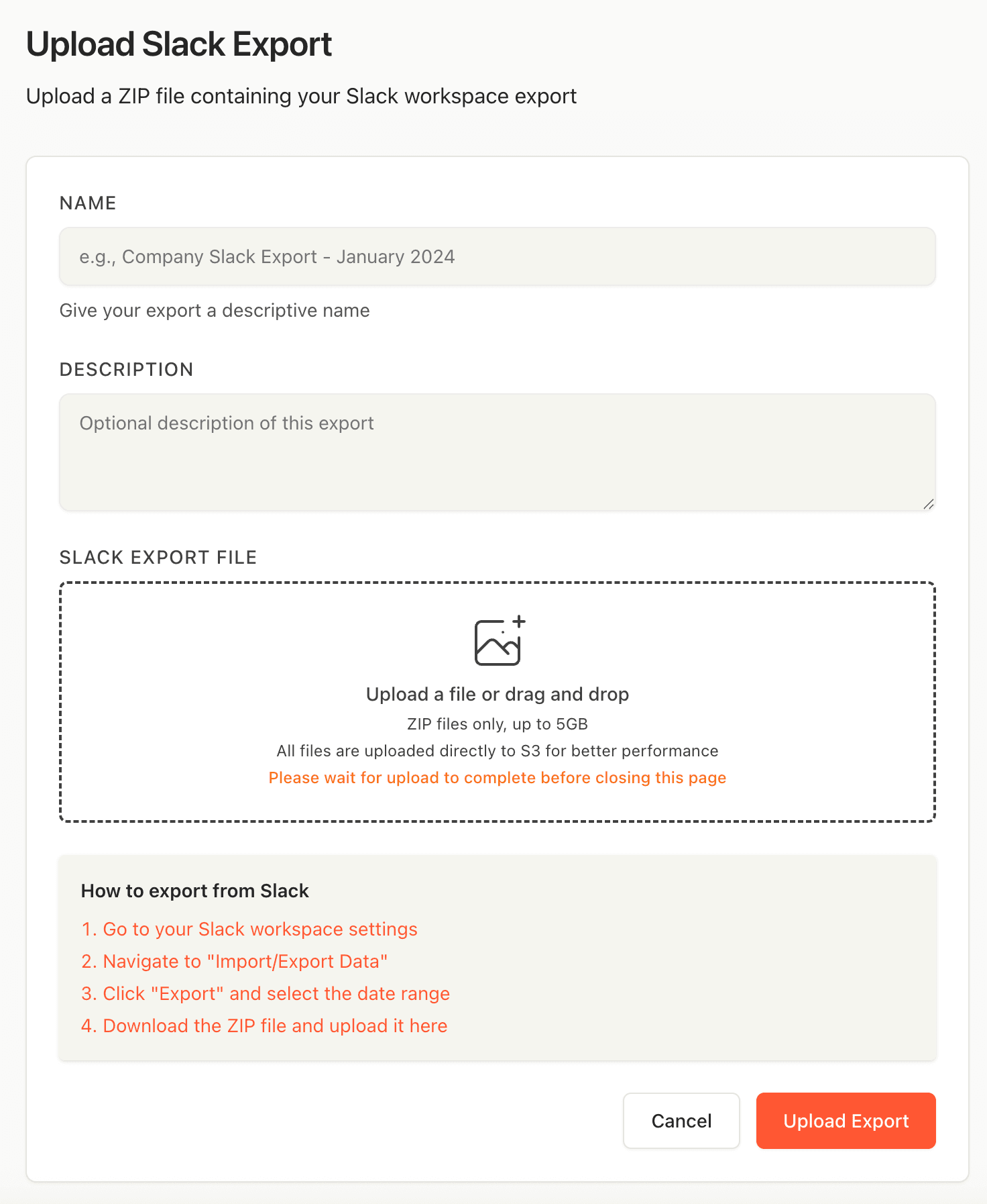 Uploading a Slack export archive to ViewExport