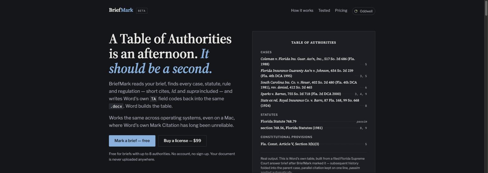 BriefMark home page: a real table Word built from a marked Florida Supreme Court brief