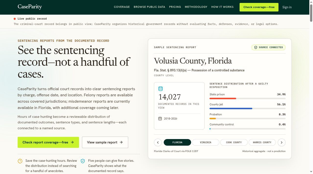CaseParity homepage - sample sentencing report