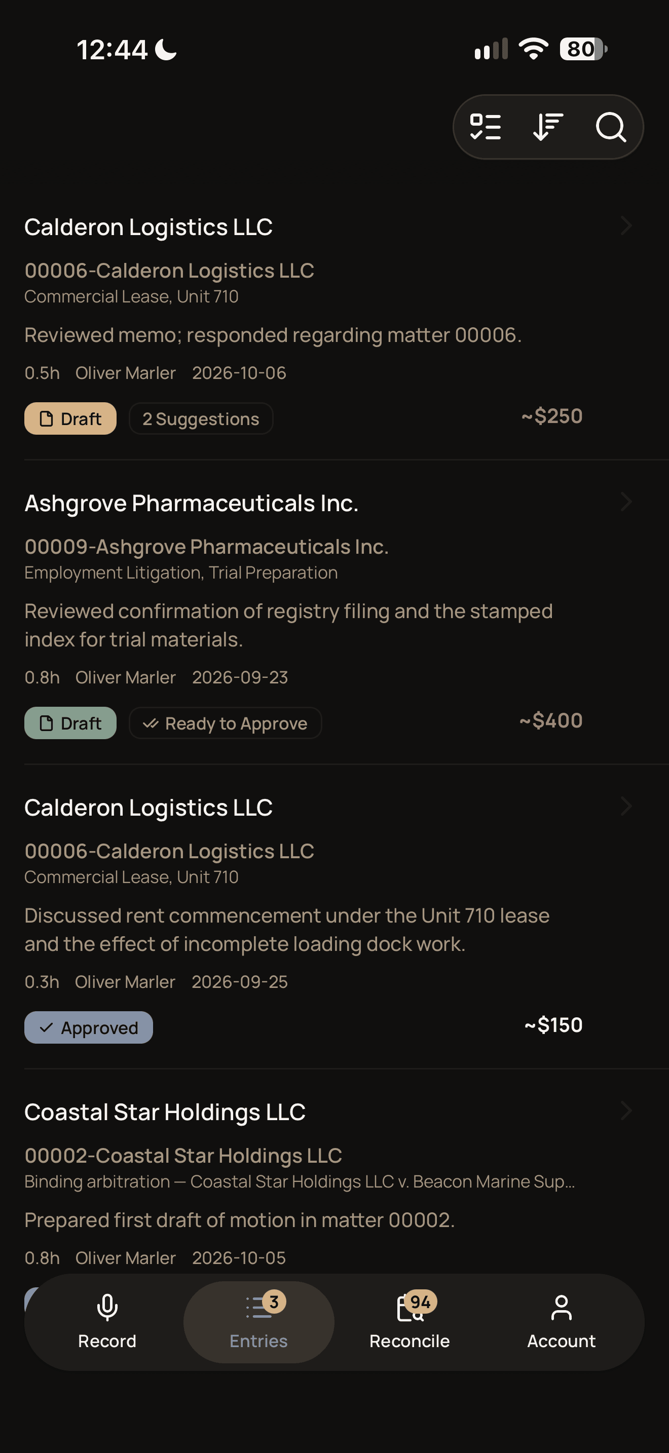 Review and Manage Billing Entries on Mobile
