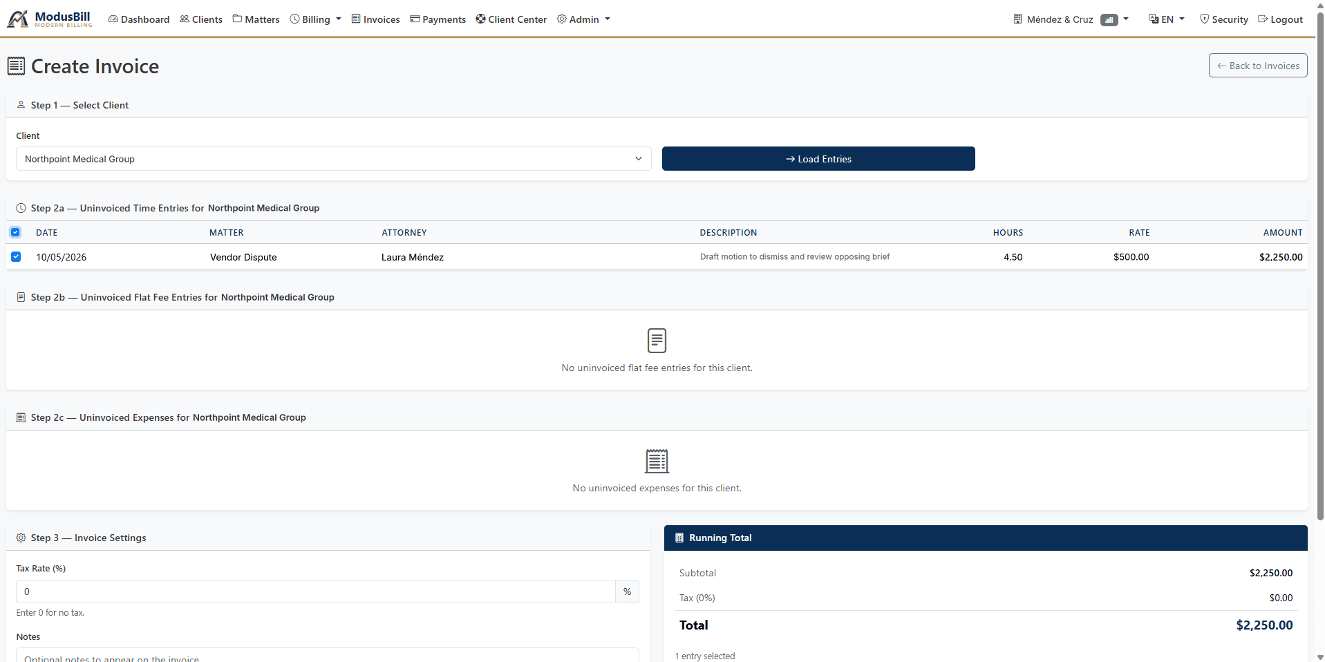 Build an invoice in three steps: pick the client, choose which unbilled time, flat fees and expenses to include, and set tax and notes while a running total updates.