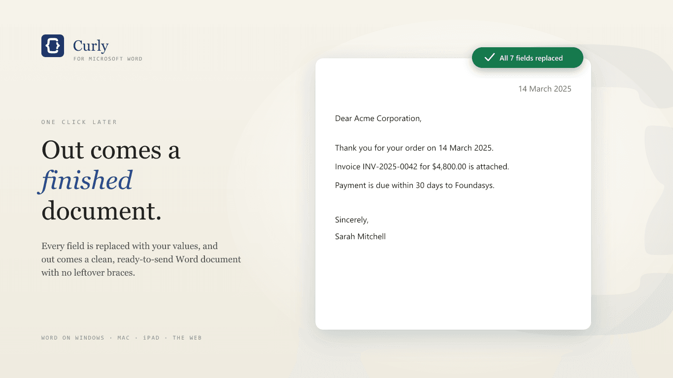 One click later: a finished document, every field replaced
