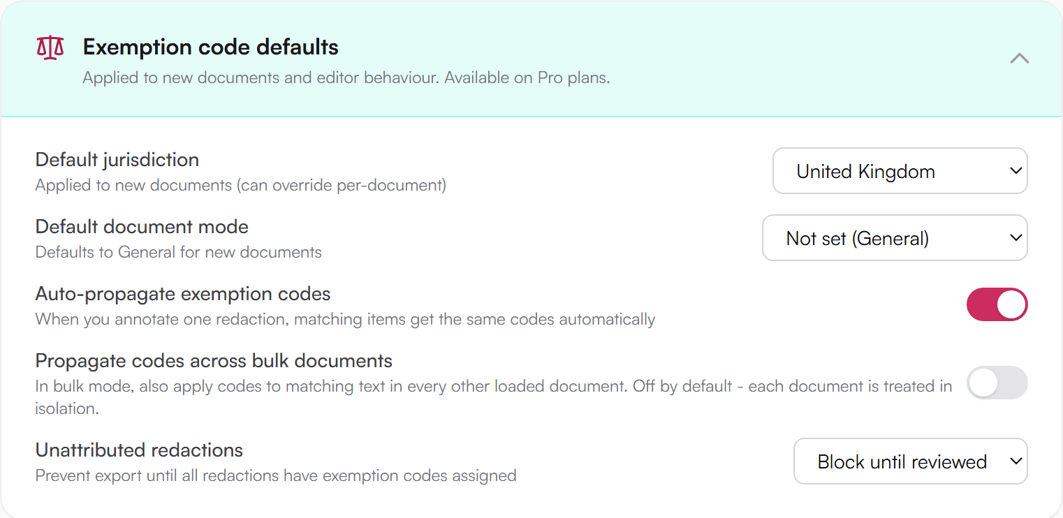 Exemption Code Defaults