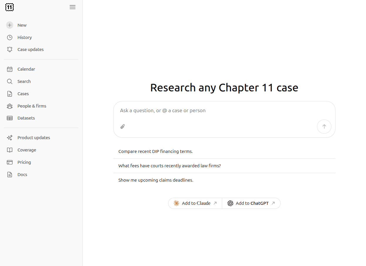 Research chapter 11 cases in ElevenFlo or connect through Claude and ChatGPT
