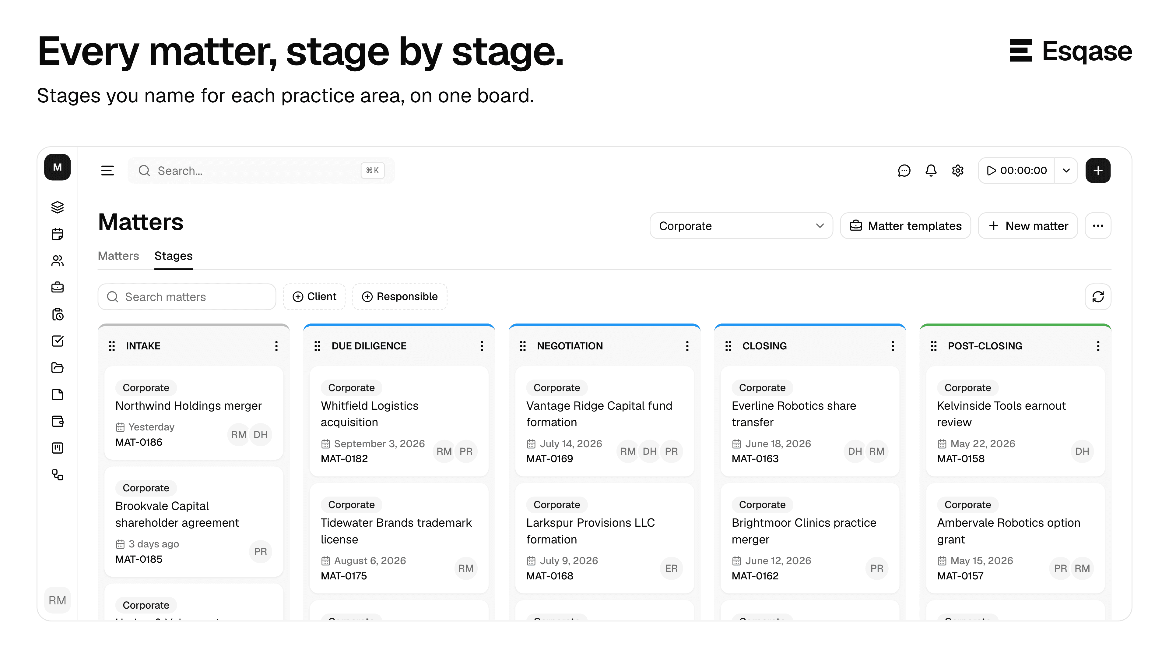 Each practice area gets its own stages, and every matter sits in a column as a card. Drag a card to change its stage, and the move is logged on the matter's activity timeline.