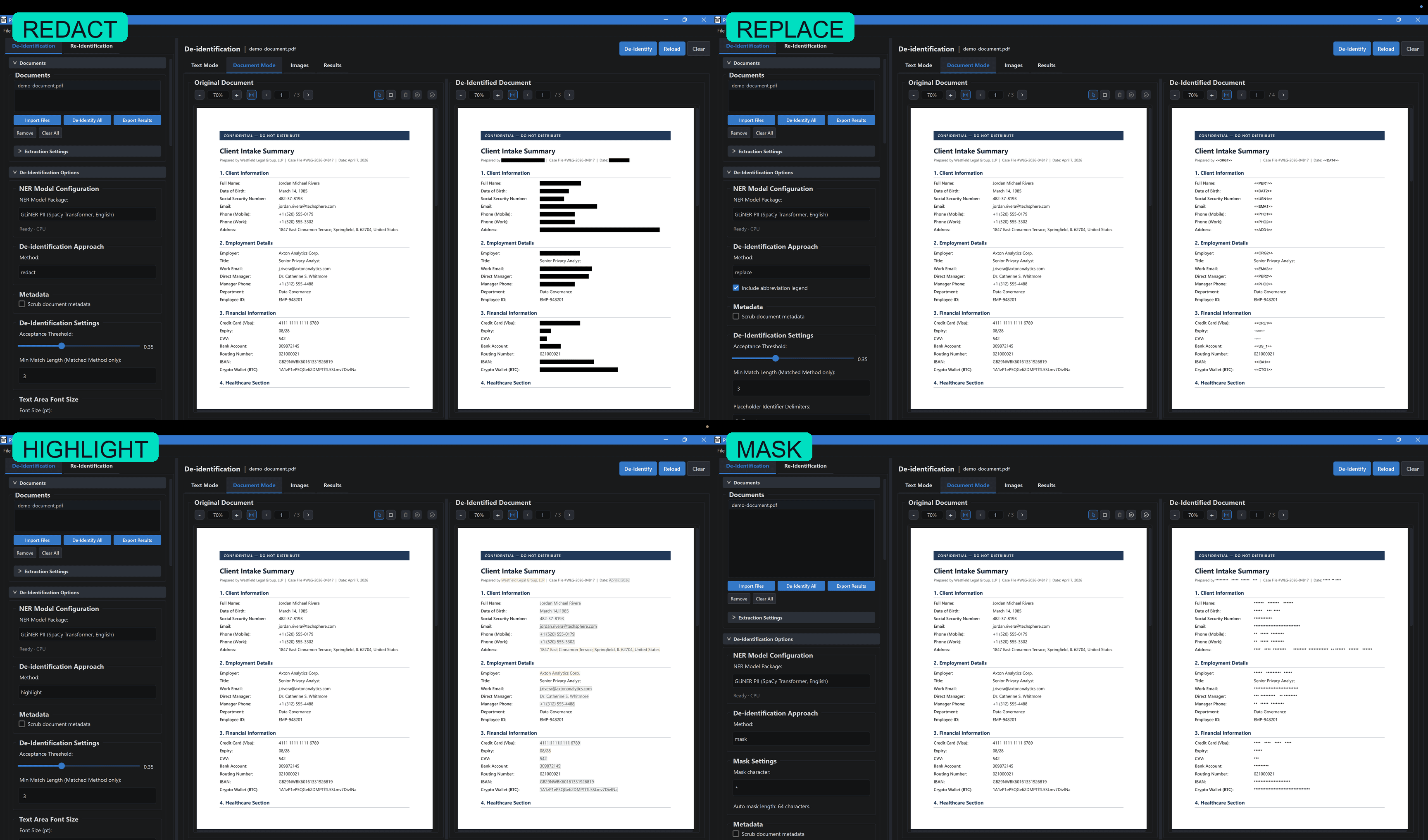 Compare all four de-identification methods