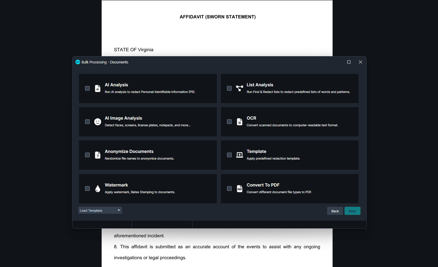 Run AI analysis & apply OCR, templates, bates stamping, and more to any document