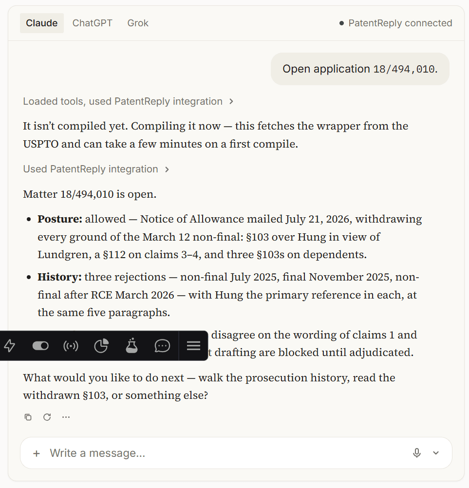 Patentreply Example Interaction