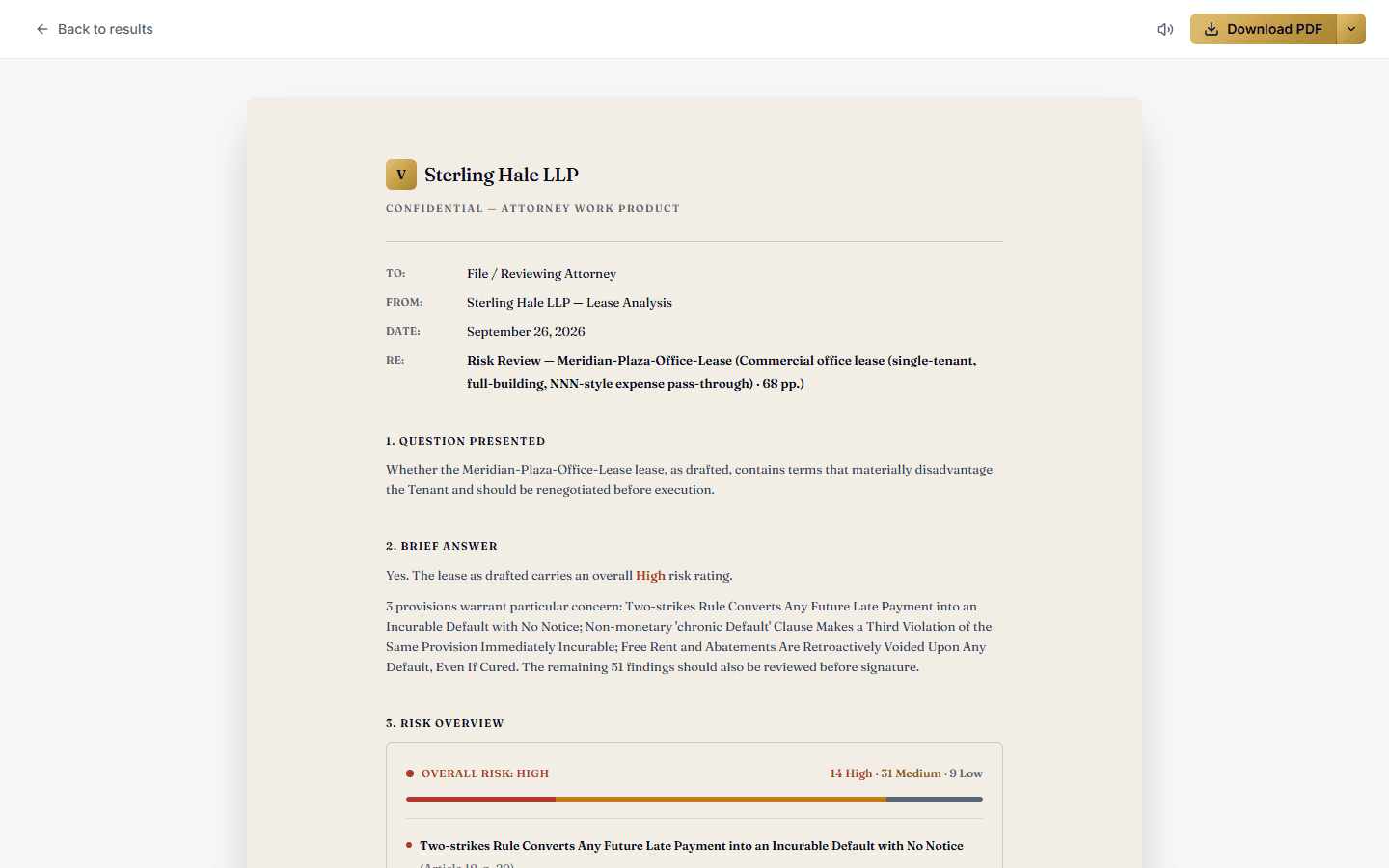 Legal memo export (PDF & DOCX) with your firm's logo