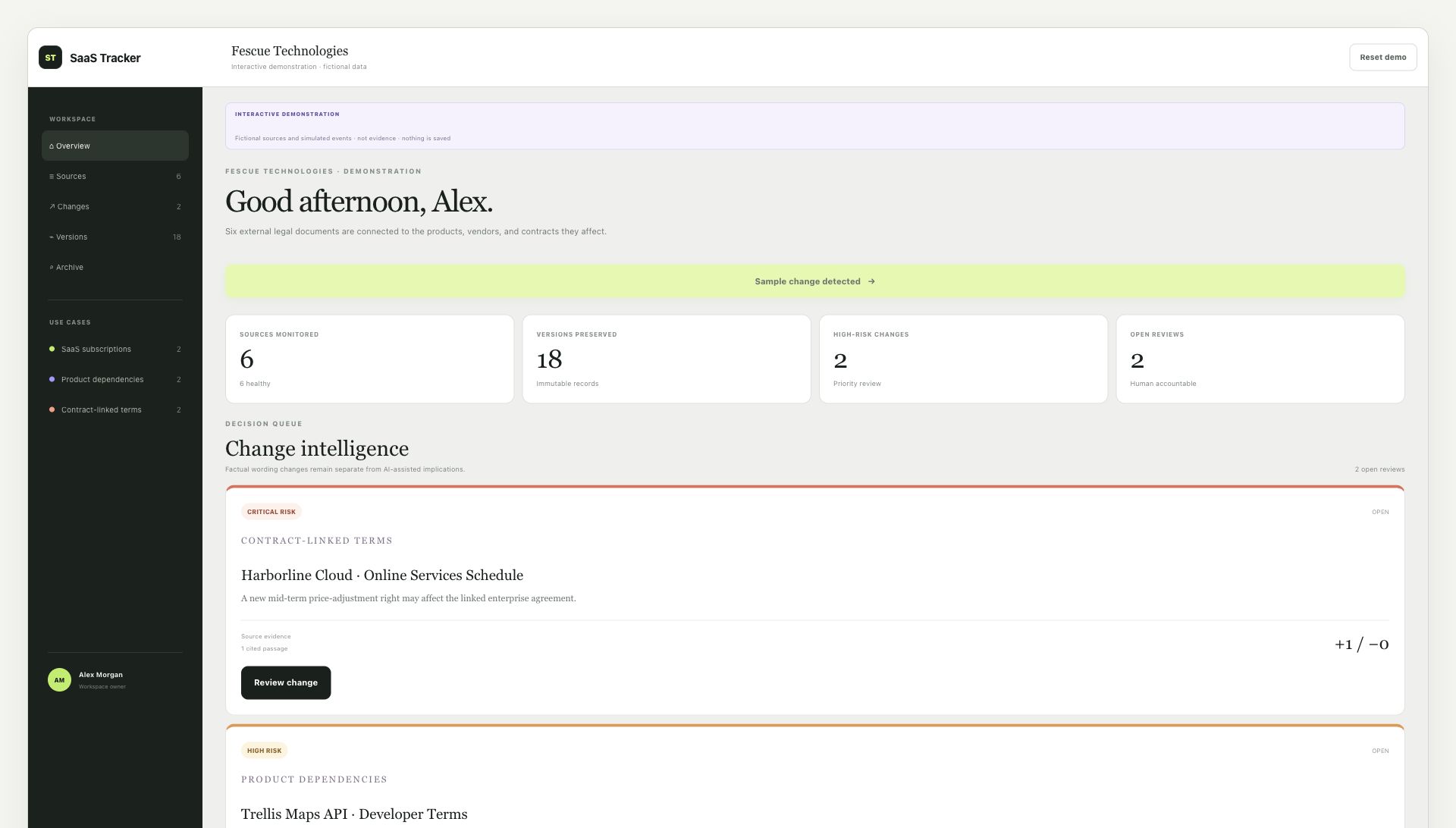 Workspace: Change intelligence shows changes to monitored agreements