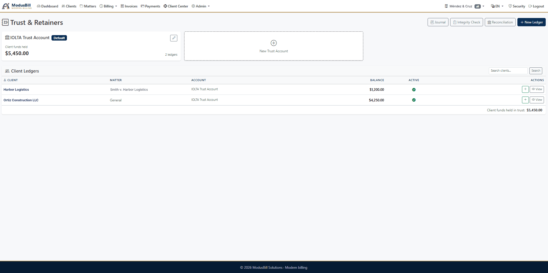 IOLTA client ledgers show each client’s trust balance, with a journal, integrity check and three-way reconciliation built in.